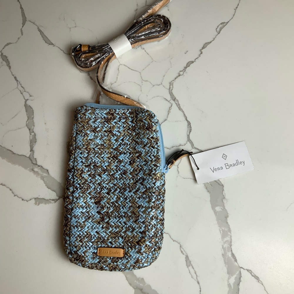 NWT Vera Bradley Straw Cellphone Crossbody Mint Brown SeaLife Faux Leather Trim